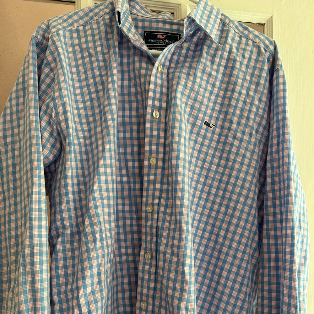 Vineyard Vines Men's Pink and Blue Plaid Shirt